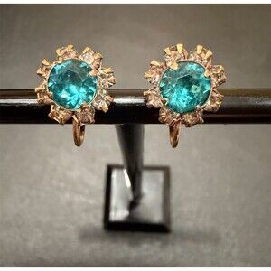 Vintage Womens Screwback  Round Blue-Green  Earrings in 12K GF